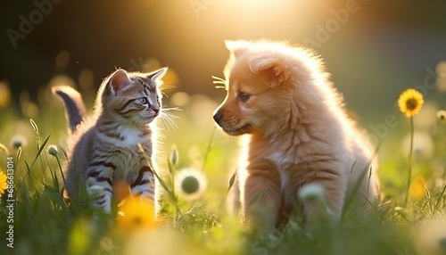 Kitten dog playing on lawn in summer day, blurred background copy space for text.