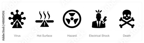 A set of 5 Hazard Danger icons as virus, hot surface, hazard
