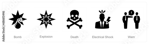 A set of 5 Hazard Danger icons as bomb, explosion, death, electrical shock