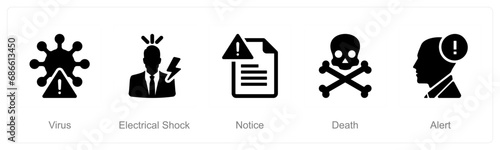A set of 5 Hazard Danger icons as virus, electrical shock, notice