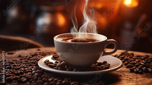 Morning bliss a steaming cup of freshly brewed coffee on table with blurred background