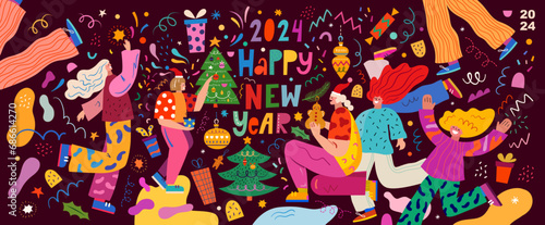 New Year holiday decorative banner. People celebrate the New Year. New Year 2024 background