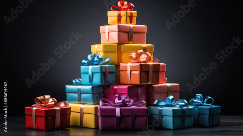 Stack of colorful gift boxes with ribbons on black background.