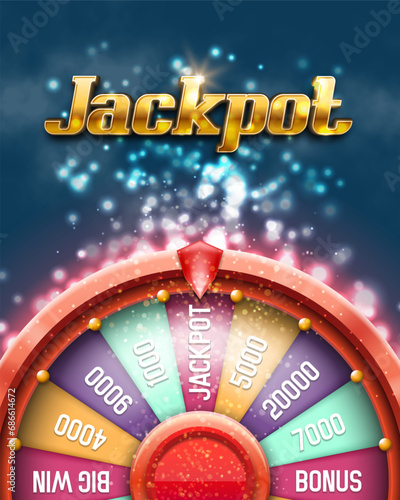 Wheel of fortune. Jackpot text with spinning lucky roulette on a bright glowing background. Vector illustration.