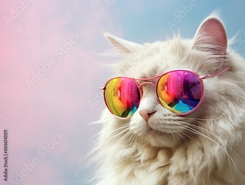 Stylish cat posing in sunglasses. Close portrait of furry kitty in fashion style. Illustration for cover, card, postcard, interior design, banner, poster, brochure or presentation.