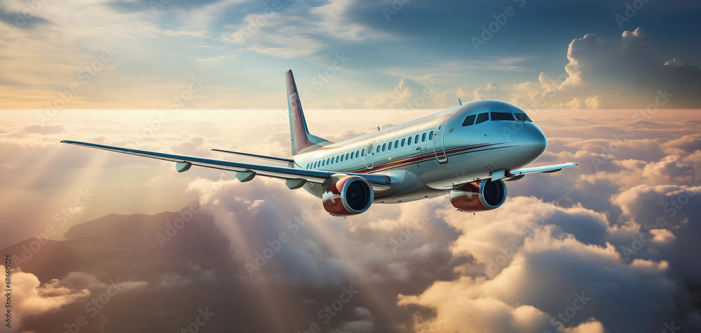 A passenger airplane flies above the clouds in the sunlight A passenger airplane flies above the clouds in the sunlight
