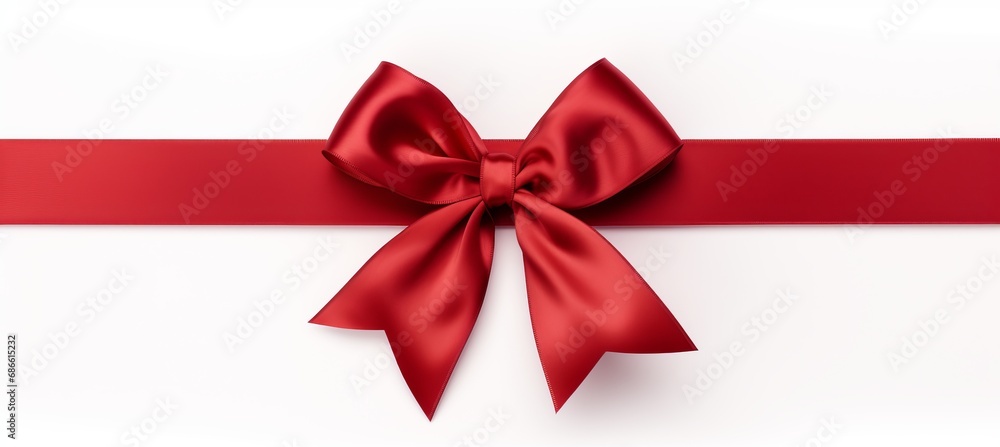 Red ribbon bow on white background for birthday or christmas banners with customizable text space. Red ribbon bow on white background for birthday or christmas banners with customizable text space.