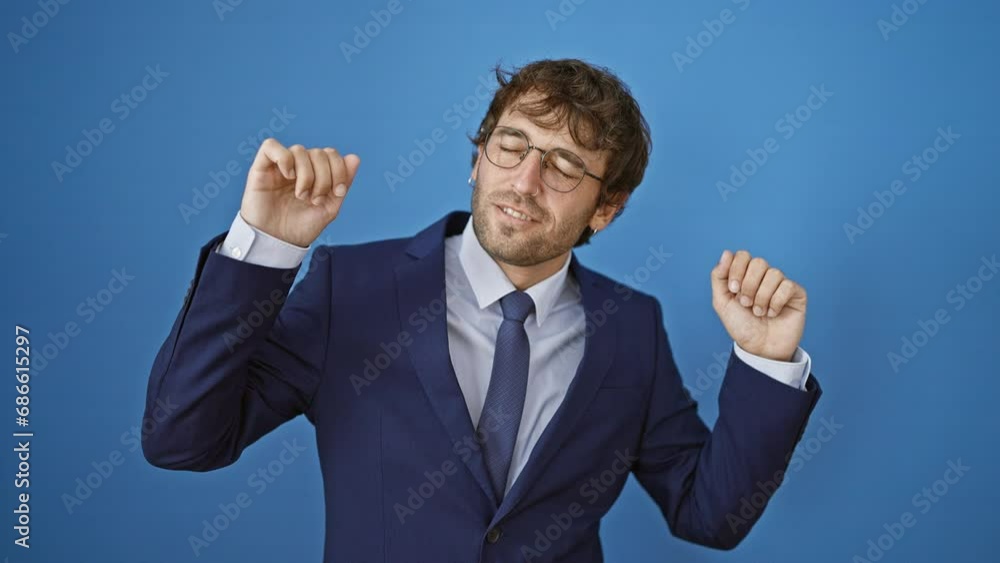 Young, confident blond man in a business suit, happily dancing to music. cheerfully moving, casually smiling, and enjoying his joyous expression over an isolated blue background. Young, confident blond man in a business suit, happily dancing to music. cheerfully moving, casually smiling, and enjoying his joyous expression over an isolated blue background.