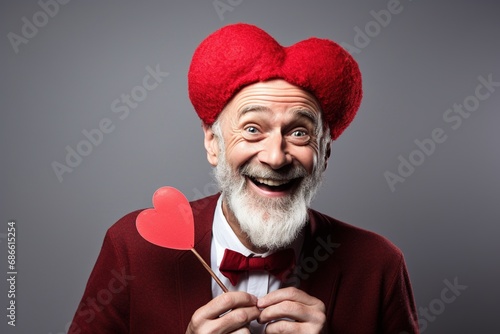 Portrait of a happy man with a red heart on Valentine's day concept.