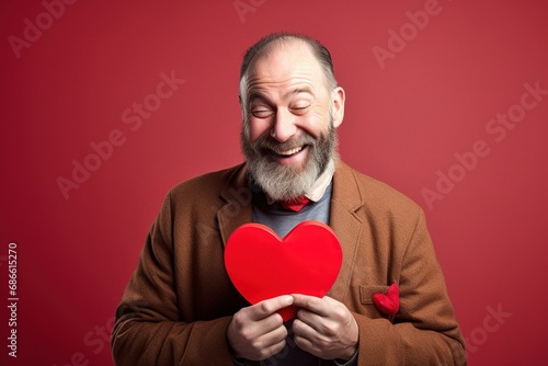 Portrait of a happy man with a red heart on Valentine's day concept.