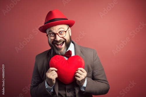 Portrait of a happy  man with a red heart  on Valentine's day concept.