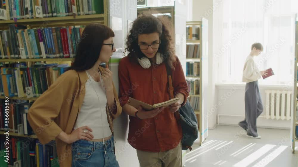 Couple of classmates discussing lessons at library Couple of classmates discussing lessons at library