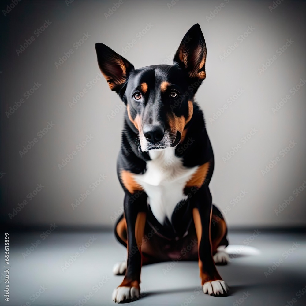 Alert tri-color dog on grey backdrop