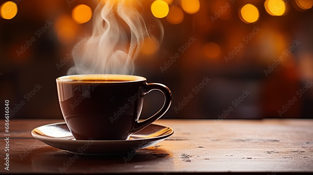 Steaming cup of coffee on table, morning shot with blurred background and text logo space Steaming cup of coffee on table, morning shot with blurred background and text logo space