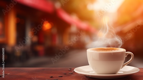 Morning bliss steaming cup of freshly brewed coffee on a table with blurred background