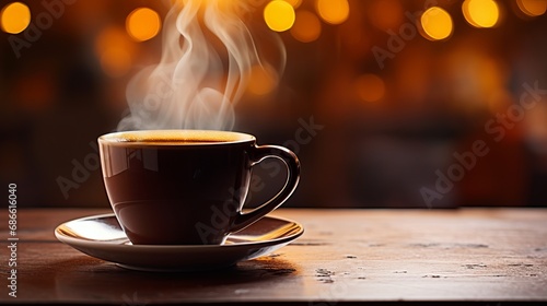 Steaming cup of coffee on table  morning shot with blurred background and text logo space