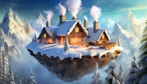 3D Floating Island Winter Composition