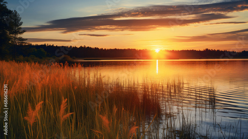 The sun is setting over a lake with tall grass