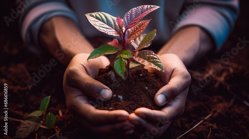 Hands planting seedling in fertile soil, Surrounded by natural green background, Highlight nurturing aspect and beginning of new life, AI Generated