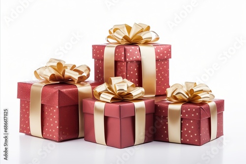 Assorted red and white gift wrapped presents with elegant ribbon bows on isolated white background