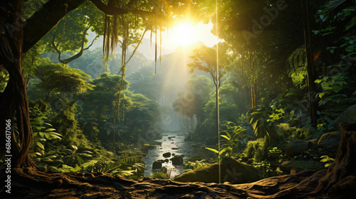 The sun shines through the trees in the jungle © Cybonix