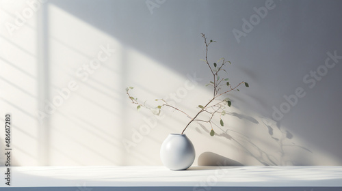 White vase with flower and tree on table, Minimalist composition showcasing brilliance of soft light, AI Generated