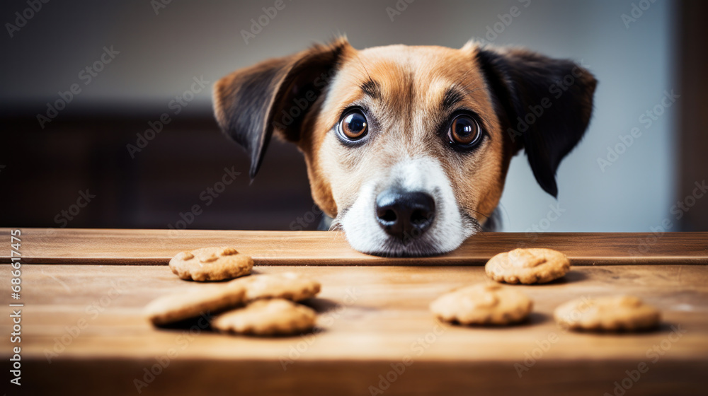 Natural treats for pets. dried meat products to feed and motivate dogs. the dog in the background looks with interest.