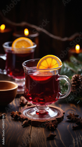 Mulled wine with spices and christmas tree on wooden background.
