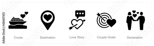 A set of 5 Honeymoon icons as cruise, destination, love story