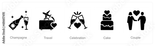 A set of 5 Honeymoon icons as champagne, travel, celebration