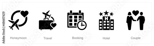 A set of 5 Honeymoon icons as honeymoon, travel, booking