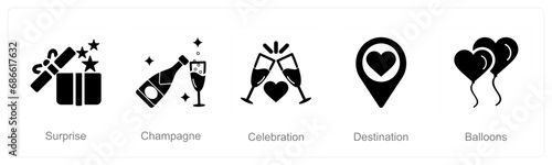 A set of 5 Honeymoon icons as surprise, champagne, celebration