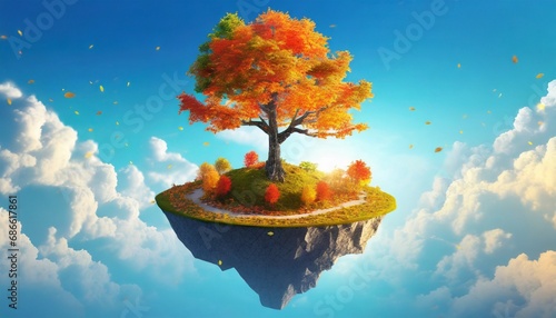 3D Floating Island Autumn Composition