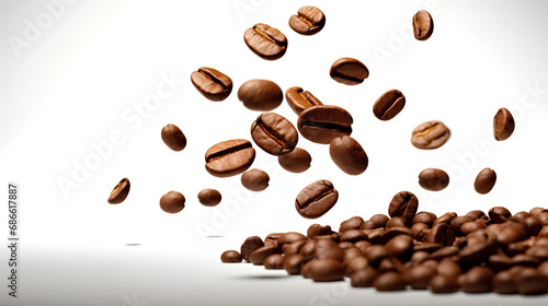 Coffee beans float on a light background, levitation.