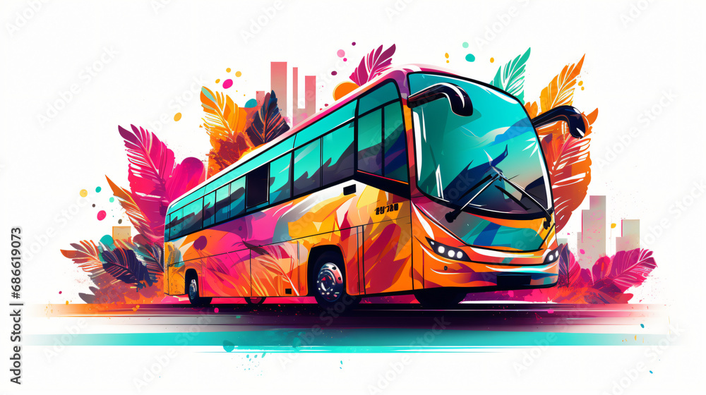 Travel bus illustration on light background - obrazy, fototapety, plakaty 