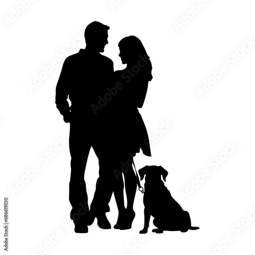 Silhouette of a couple walking their dog, vector illustration isolated on white background. family with dog