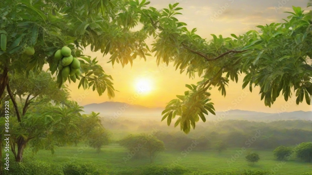 Fototapeta premium sunset in the forest and green mango tree