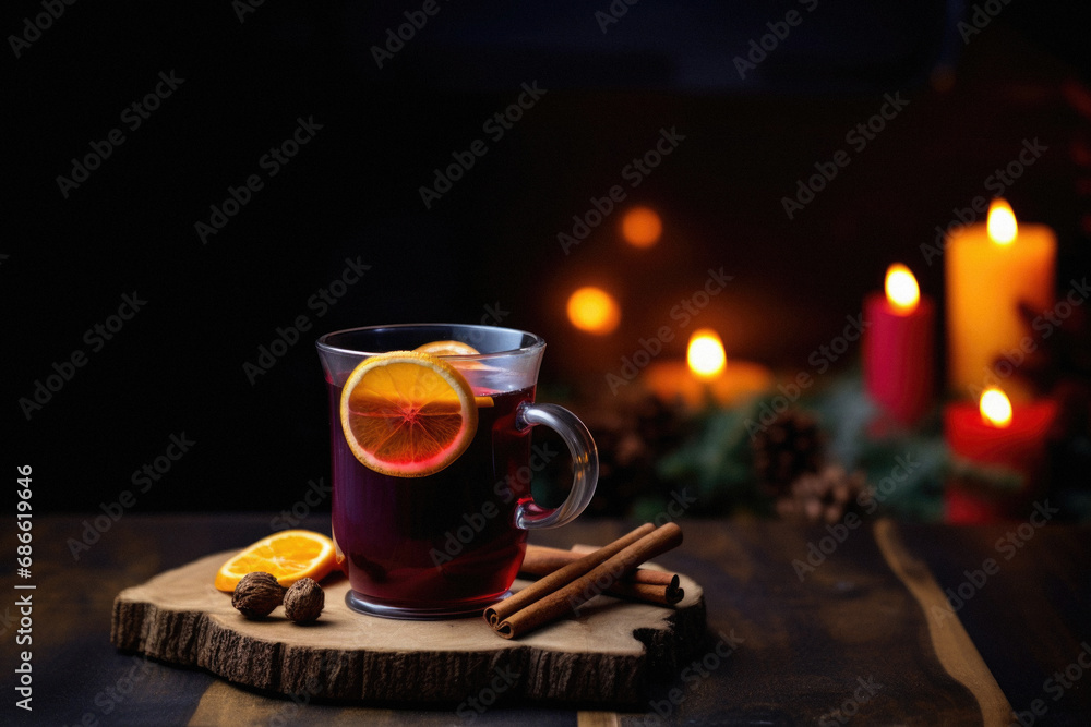 Mulled wine with spices on a wooden table in front of a candles. Mulled wine with spices on a wooden table in front of a candles.