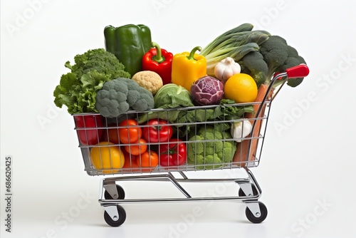 colorful variety of fresh fruits and vegetables in a fully stocked supermarket shopping cart