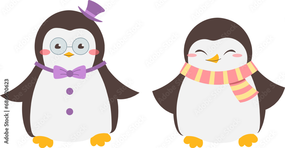 Obraz premium Pair of kawaii penguins, girl in pink scarf, boy with bow tie and top hat. Vector illustration in flat style