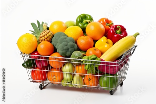 colorful variety of fresh fruits and vegetables in fully stocked supermarket shopping cart