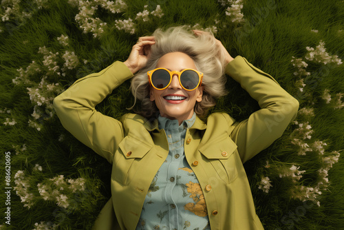 High angle view of beautiful woman with blonde hair laying on back in green grass. Top view of eldery woman with glasses with eyes closed relaxing at the nature photo