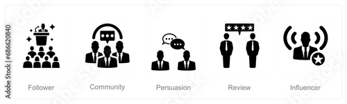 A set of 5 Influencer icons as follower, community, persuasion