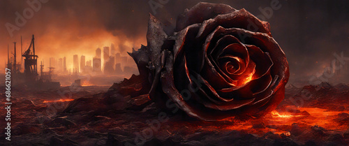 Krieg zerstört die Liebe. Große, brennende Rose im Vordergrund. Zerstörte, brennende Stadt im Hintergrund. photo