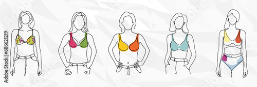 Lebendige Farbenpracht: Bundle mit Frauen in bunten BHs als künstlerische Lineart-Illustrationen