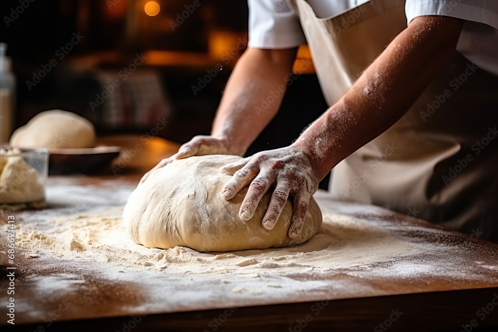 Skilled baker kneading dough for fresh bread in bakery with blurred background and copy space