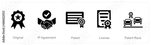 A set of 5 Intellectual Property icons as original, ip agreement, patent