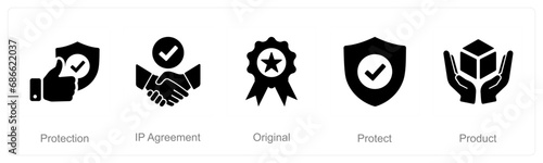 A set of 5 Intellectual Property icons as protection, ip agreement, original
