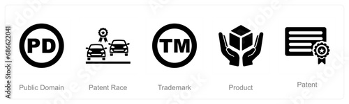 A set of 5 Intellectual Property icons as public domain, patent race, trademark