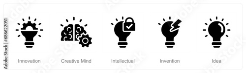 A set of 5 Intellectual Property icons as innovation, creative mind, intellectual